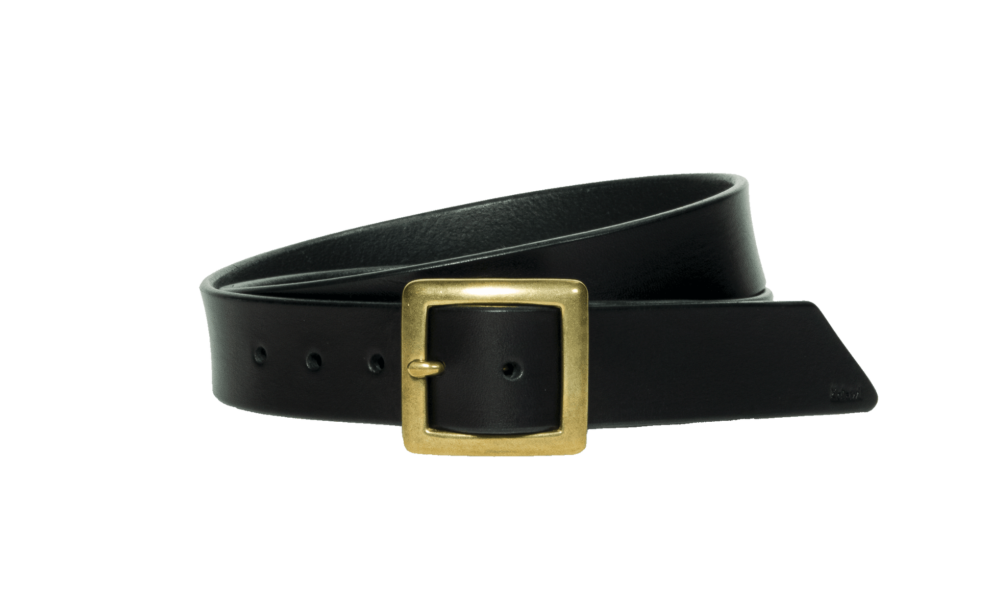 Black vegetable tanned leather belt with square raw brass buckle, hand sewn with waxed linen thread